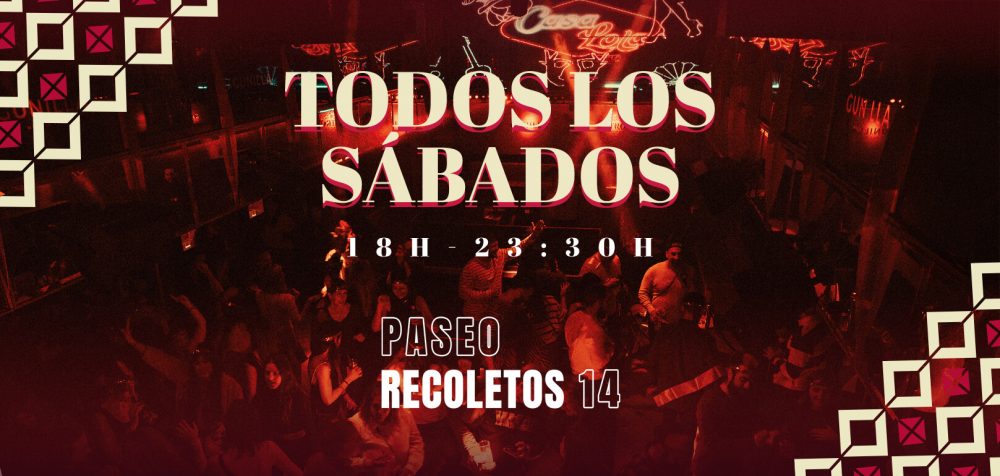 Cartel promocional de Casa Lola anunciando su evento de los sábados en Paseo Recoletos 14, con horario de 18:00 a 23:30. La imagen muestra una animada fiesta con luces rojas y ambiente festivo."