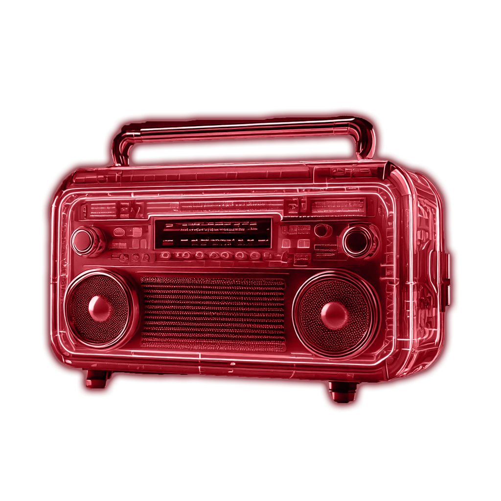 Aparato de radio con neones rosas fondo negro.